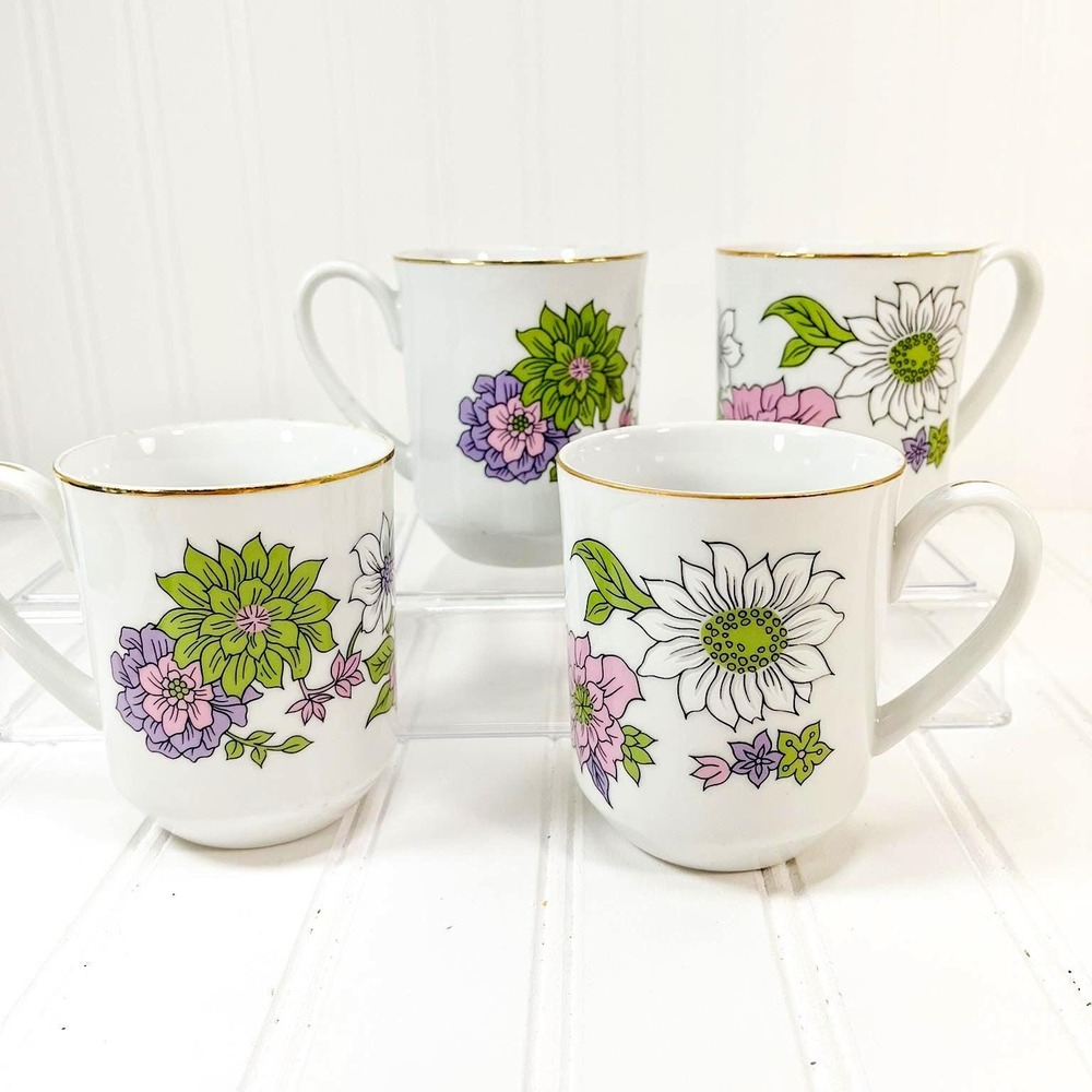 1970s Floral Coffee Mug Set: Mid-Century Modern Japan Ceramic with Gold Trim